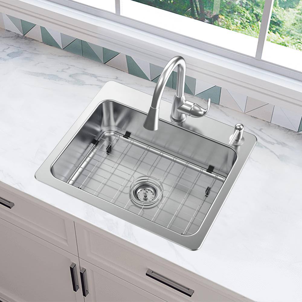 Glacier Bay Bratten Drop-InUndermount 18G Stainless Steel 25 in. 2-Hole Single Bowl Kitchen Sink with Accessories VT2522TA1ACC