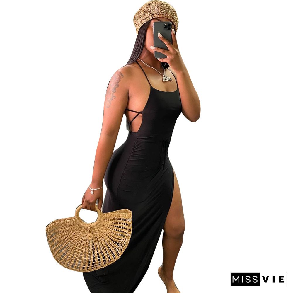 Women Sexy Solid Backless Halter Sling Bandage High Side Slit Slinky Evening Party Long Maxi Dress