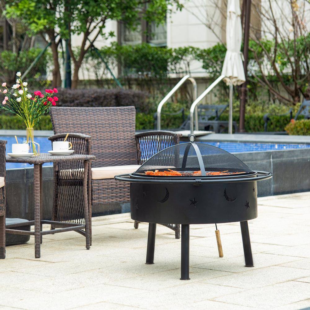 WESTIN OUTDOOR 23 in. x 23 in. x 24 in. Round Steel Wood Burning Outdoor Fire Pit with Porto Star and Moon 3006102