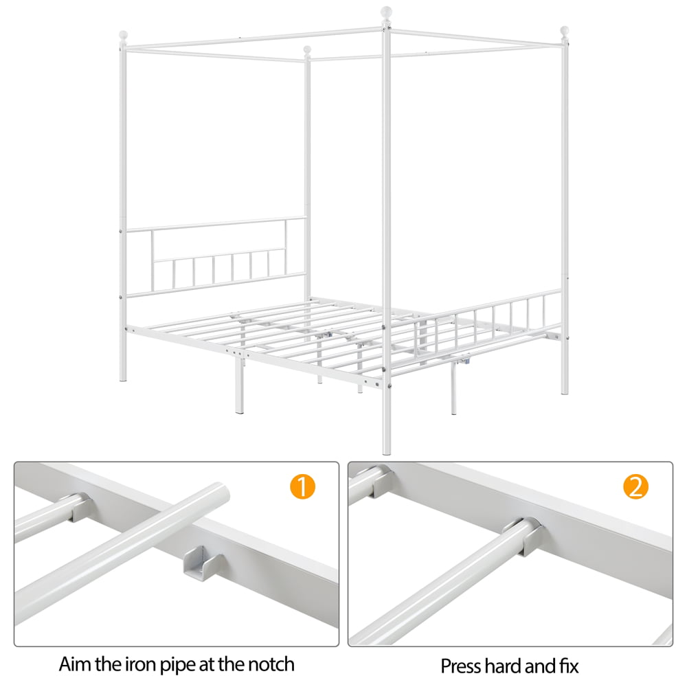 Easyfashion Metal Canopy Bed Frame Four Poster Bed with Headboard and Footboard, White, Queen