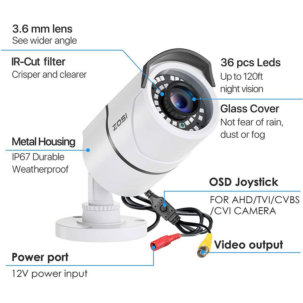 ZOSI 2.0MP Wired 1080p Outdoor Bullet Security Camera 4-in-1 Compatible for 1080p720p TVICVIAHDCVBS DVR 1AK-2612C-WS