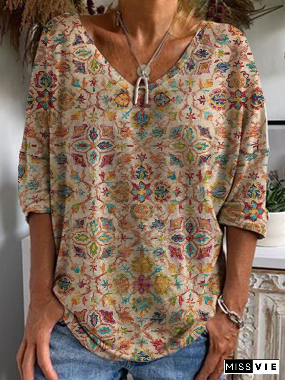 Casual V Neck Tribal Long Sleeve Tops