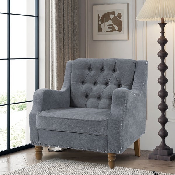 Button Tufted Upholstered Arm Accent Chair with Vintage Studs， Grey