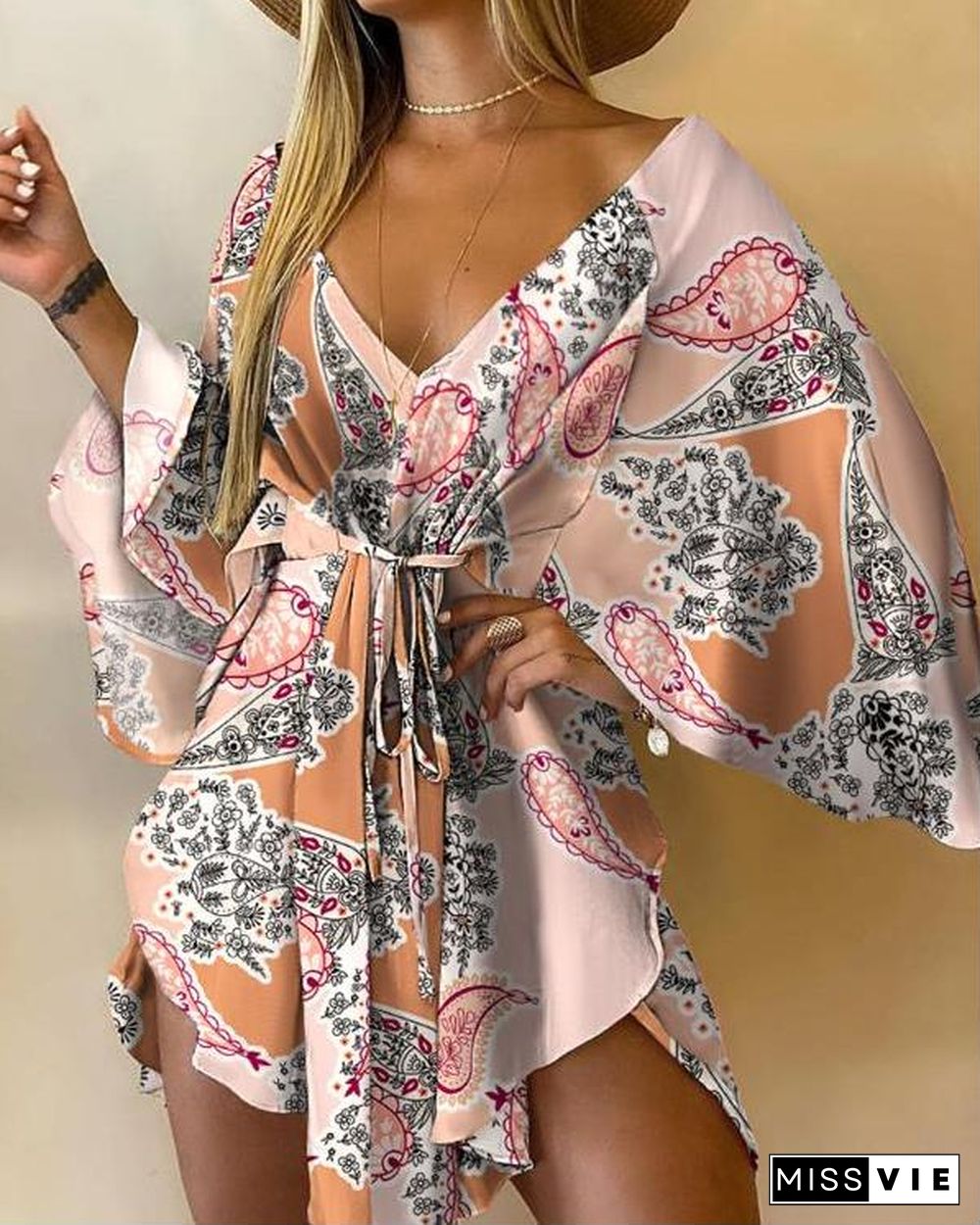 Asymmetrical Lace-up Front Mini Dress Casual Dress Print New Style Ladies Dresses Length Sleeve Style Sleeve Length(cm) Age