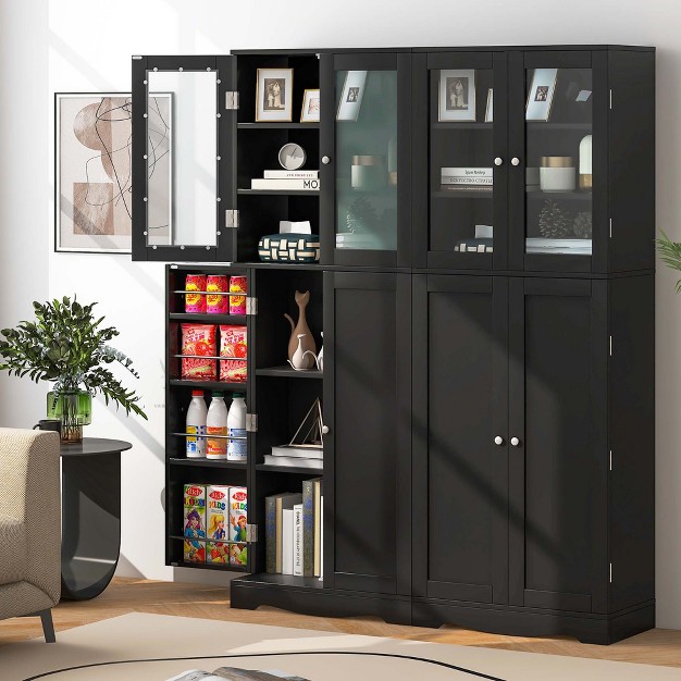 Tall Kitchen Pantry Storage Cabinet With Glass Door Storage Shelves Black white