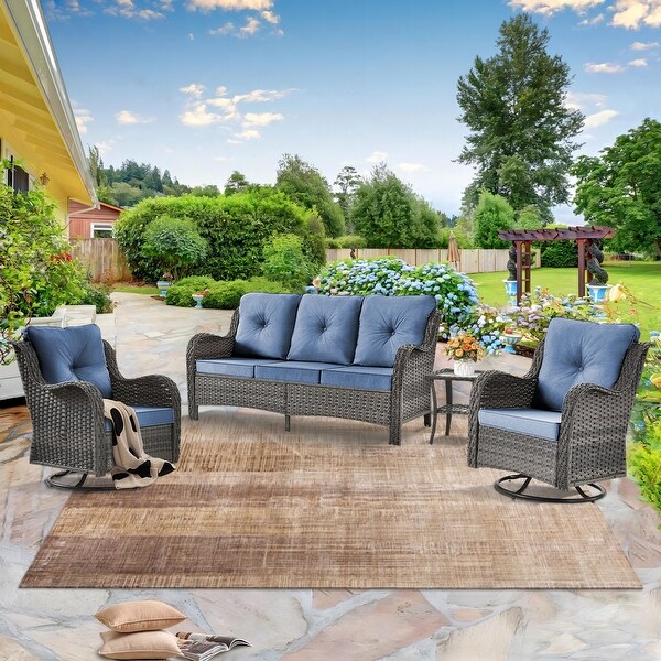 5 Seat Wicker Patio Furniture Conversation Setting with High Back Swivel Rocking Chairs，Cushions Included 🎃