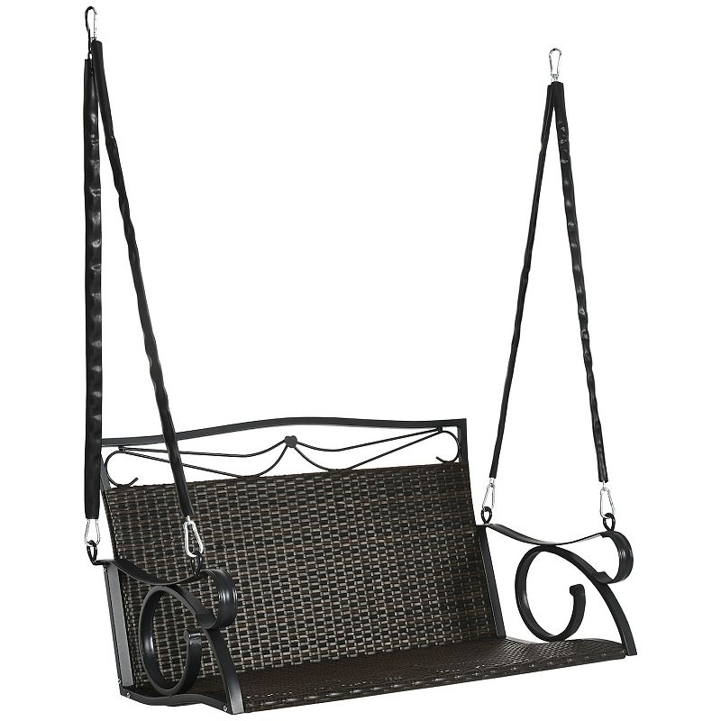 Outsunny 2-Person Wicker Porch Swing Hanging Swing Bench with Steel Chains