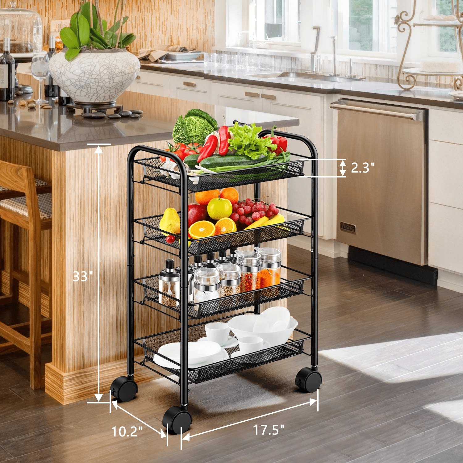 4 Tier Metal Mesh Rolling Utility Cart Storage Cart Kitchen Cart  for Home Kitchen Organizer， Black