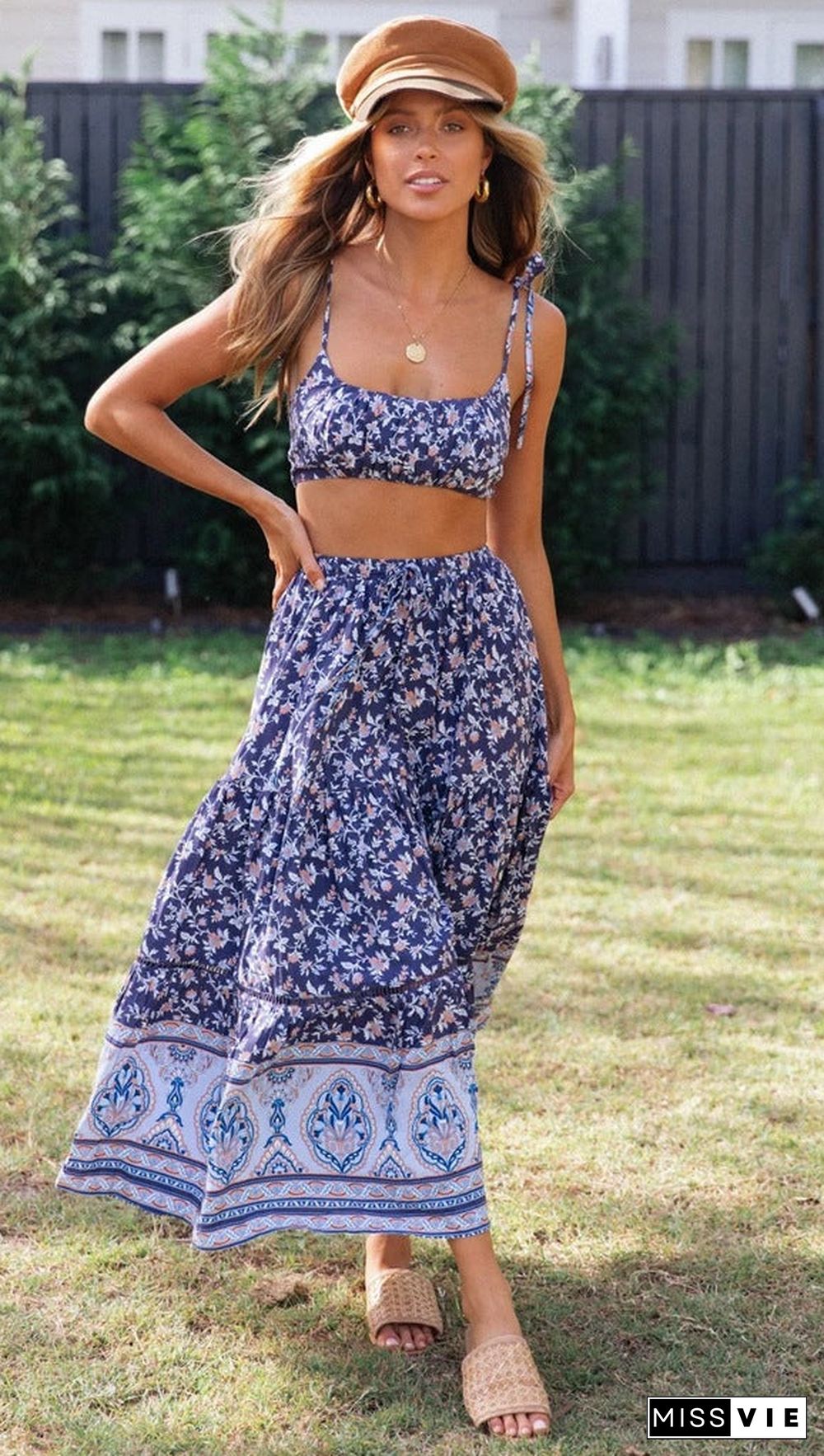 Navy Floral Cami Top and Skirt Matching Sets