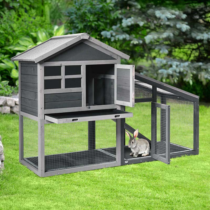 Rabbit Hutch Bunny Cage with Ventilation Door & Removable Tray, Indoor Outdoor Pet Cage House Wooden Chicken Coop