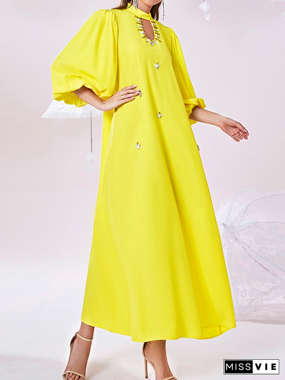 Bishop Sleeve Loose Hollow Rhine Stones Solid Color Mock Neck Maxi Dresses