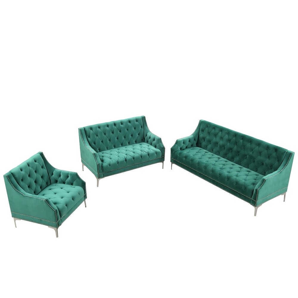 3 Piece Sofa Set Frosted Velvet Upholstered Sofa  Three Seater Sofa  Double Seater   Single Chair with Nailhead Trim Design