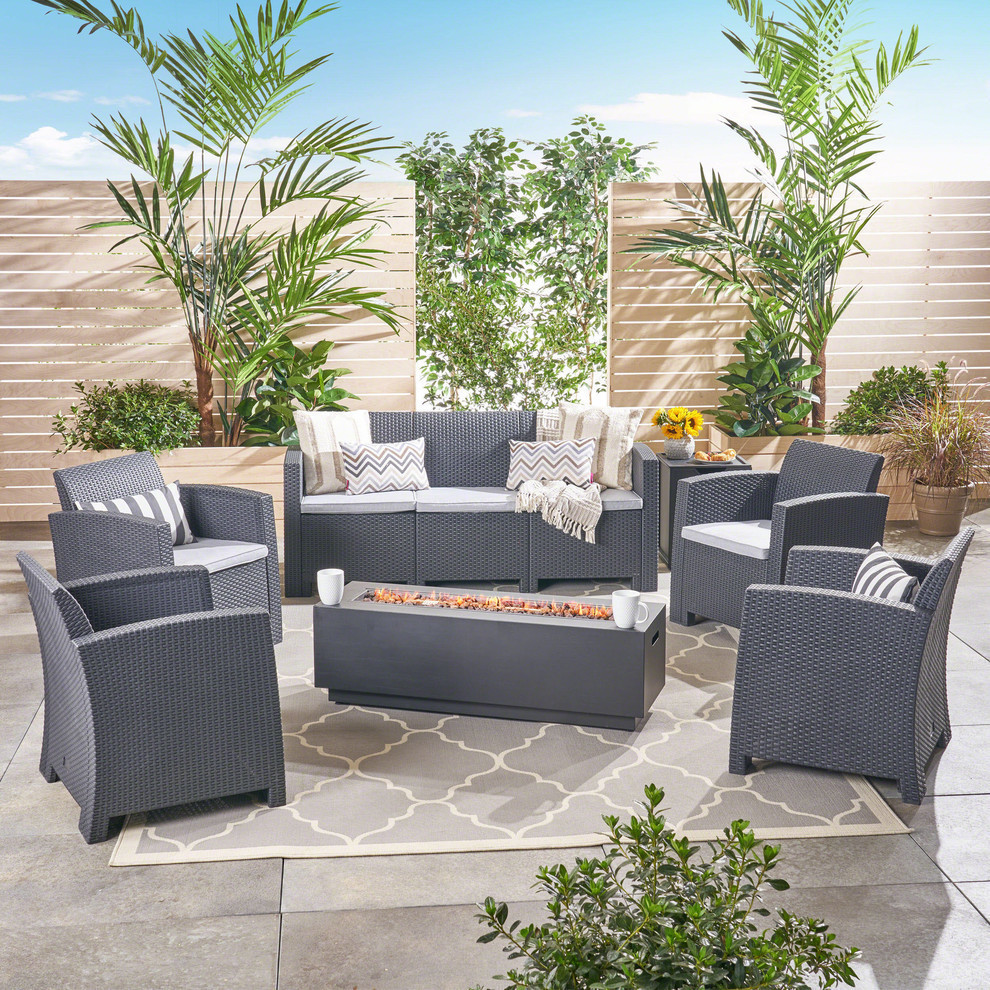 GDF Studio Dane Outdoor  Wicker Print Chat Set For 7 With Fire Pit   Tropical   Outdoor Lounge Sets   by GDFStudio  Houzz