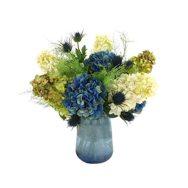 Assorted Hydrangea，Thistle and Fern Floral Arrangement in Colored Glass Vase