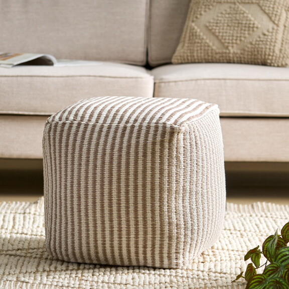 Arwen Boho Yarn Pouf  Light Brown and White