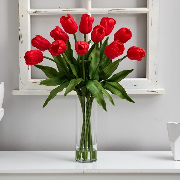 23 Artificial Tulip Arrangement with Cylinder Glass Vase