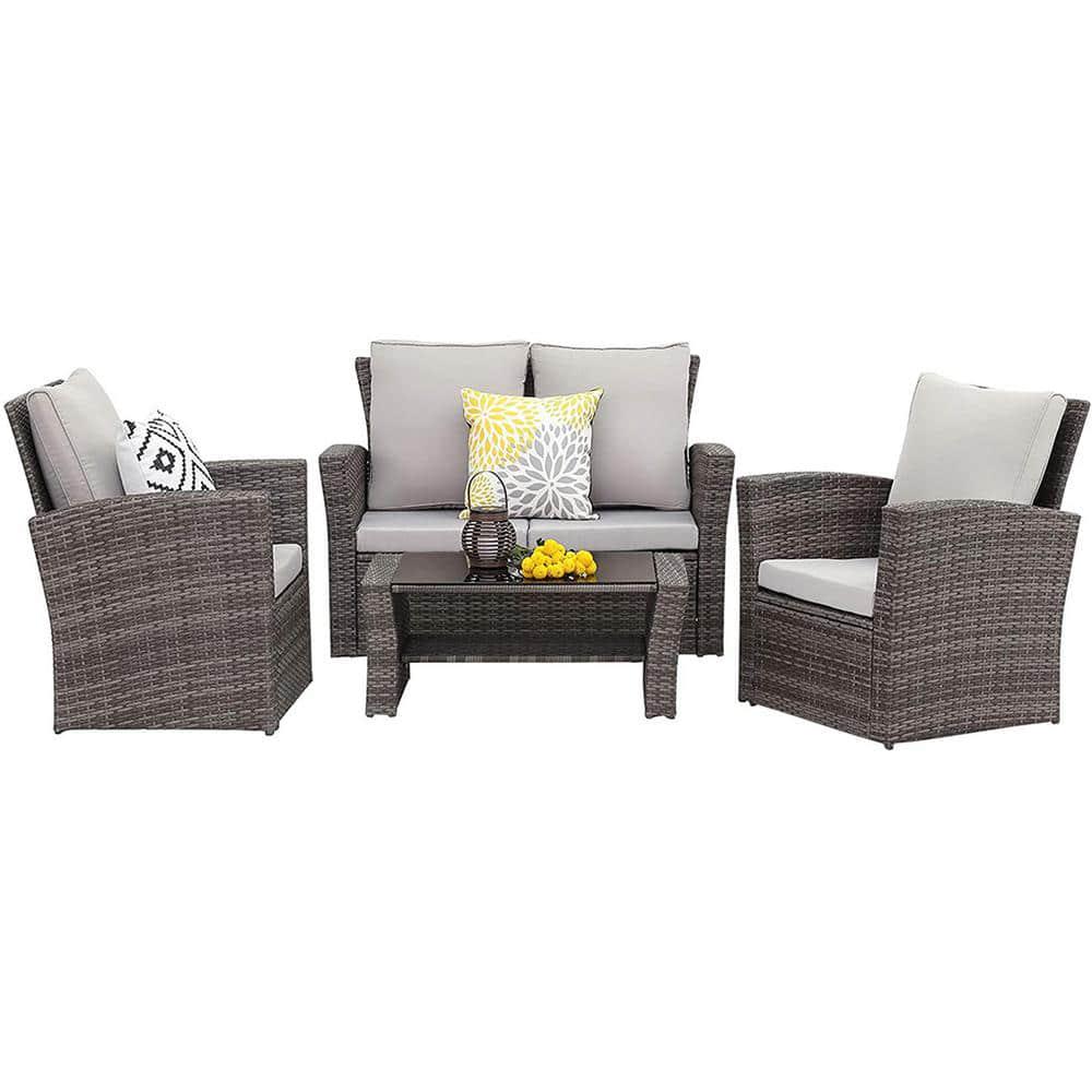 SUNVIVI 4Piece PE Rattan Wicker Outdoor Patio Furniture Set in Grey