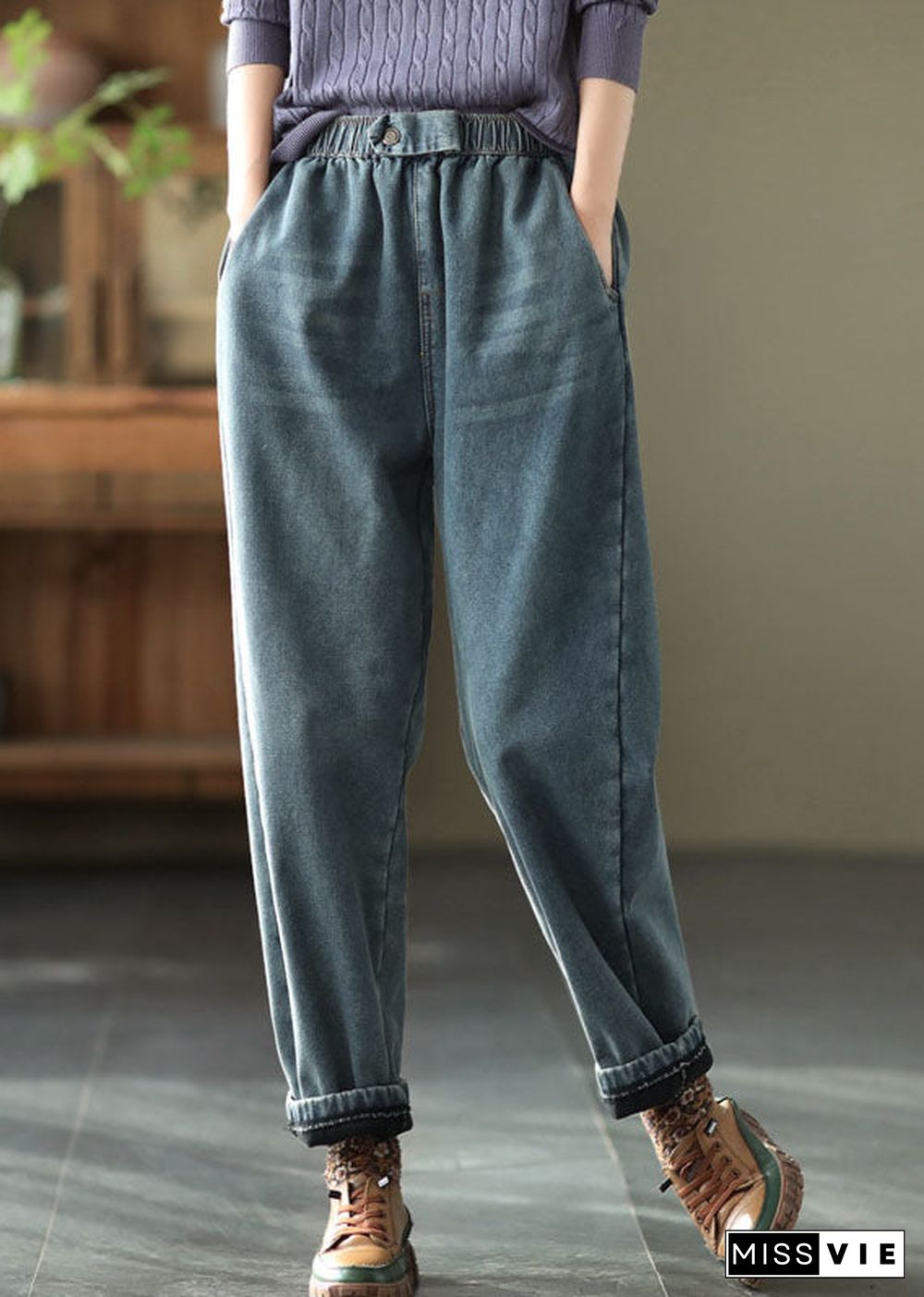 Boho Denim Blue Elastic Waist Pockets Thick Warm Fleece Harem Pants Winter