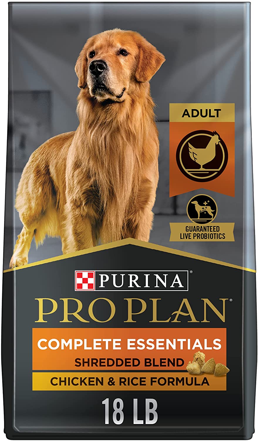 Purina Pro Plan High Protein Dry Dog Food With Probiotics for Dogs， Shredded Blend Chicken and Rice Formula - 18 lb. Bag