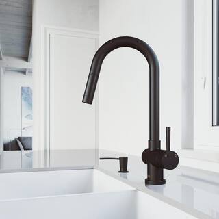 VIGO Gramercy Single Handle Pull-Down Spout Kitchen Faucet Set with Soap Dispenser in Matte Black VG02008MBK2