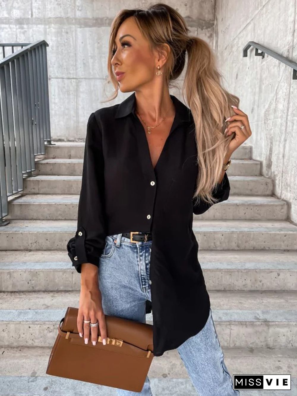 Trendy Long Sleeves Solid Color Lapel Collar Blouses