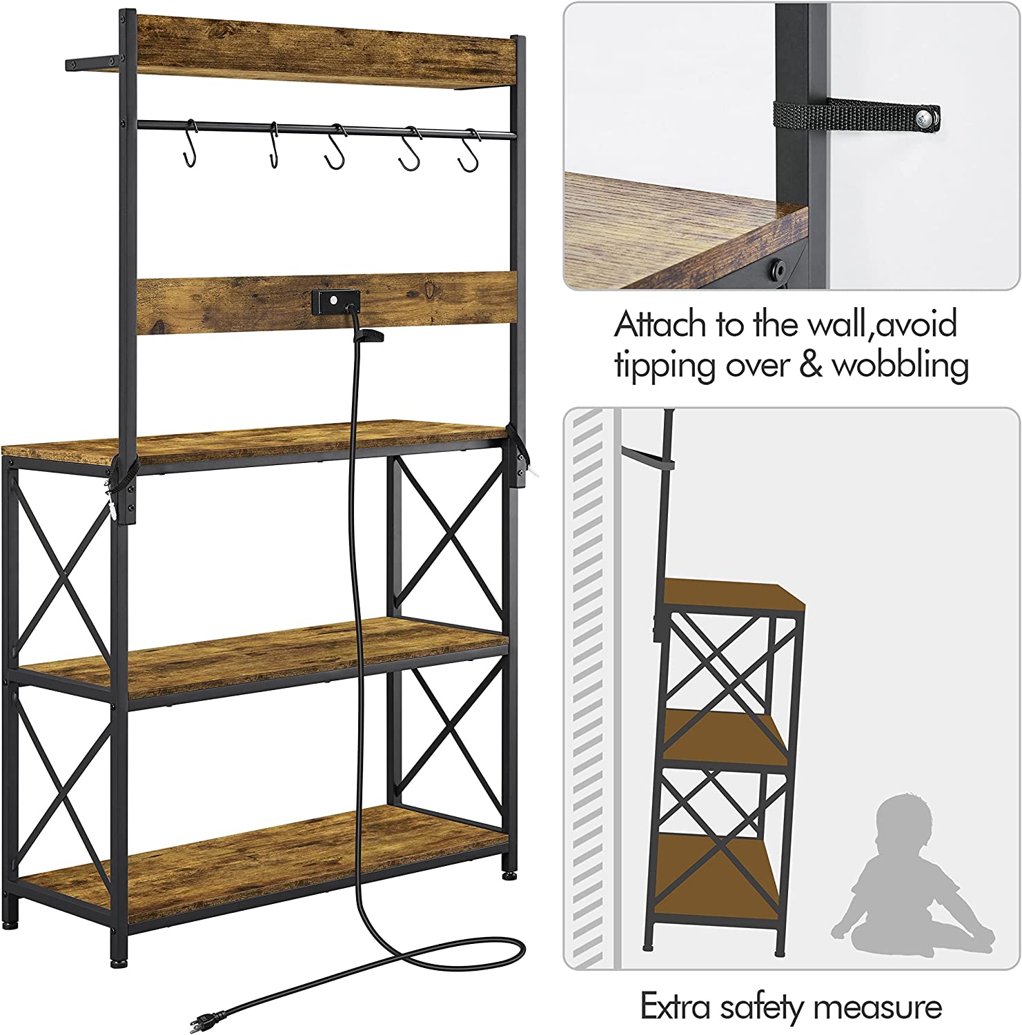 4-Tier Kitchen Bakers Rack with Power Outlet， Microwave Oven Stand Kitchen Storage Rack with Hooks for Dining Room， Spices， Pots， Pans， Brown