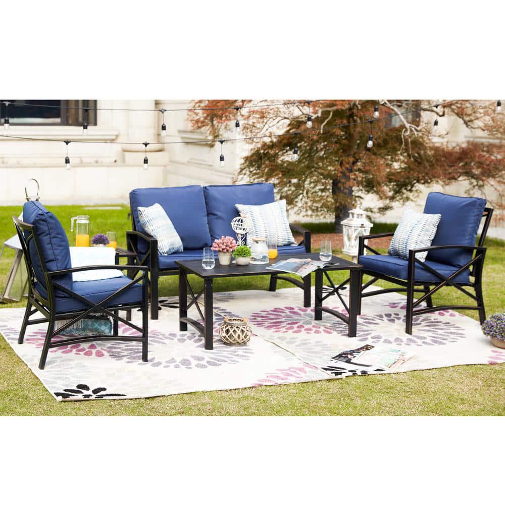 Patio Festival 5Piece Metal Patio Conversation Set with Blue Cushions