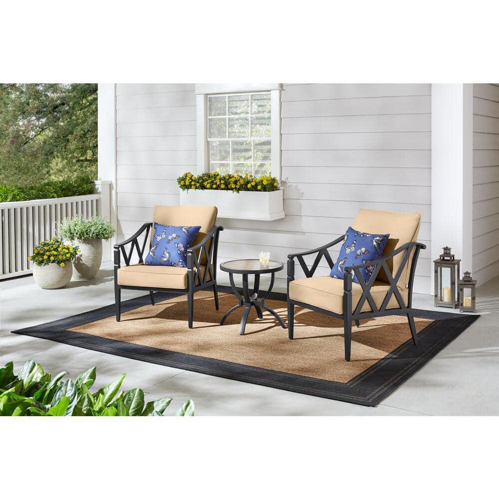 Hampton Bay Harmony Hill 3Piece Black Steel Outdoor Patio Stationary Conversation Set with Sunbrella Beige Tan Cushions