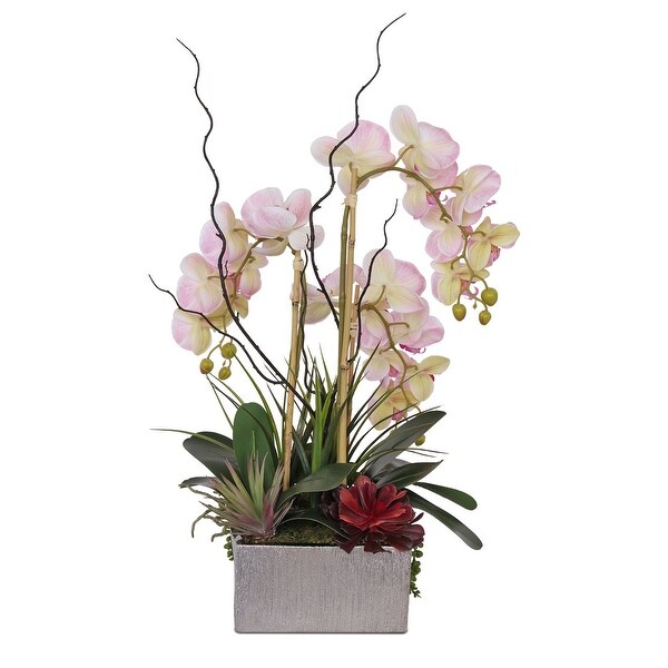 Real Touch Pink Orchid and Succulent Arrangement in Square Silver Pot