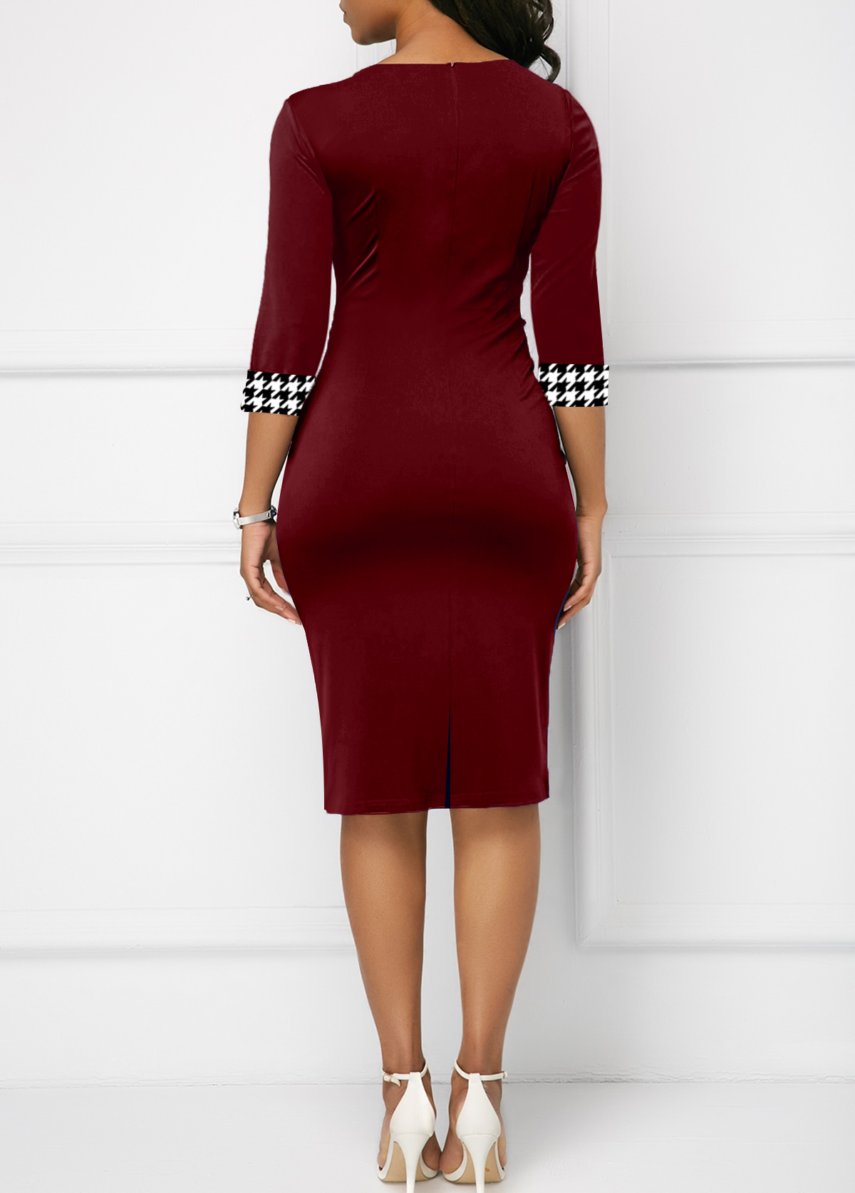Houndstooth Print Bowknot Knee Length Bodycon Dress