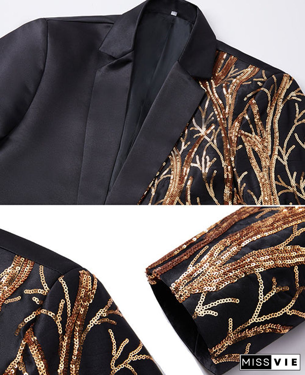 Glamorous Plain Embroidery Gold Branch Print Sequins One Button Blazer