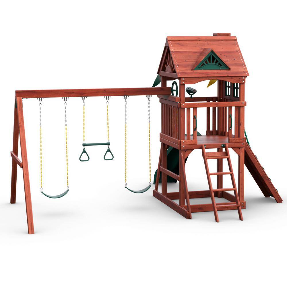 Gorilla Playsets Nantucket II Wooden Outdoor Playset with Wave Slide Rock Wall Sandbox Swings and Backyard Swing Set Accessories 01-0021