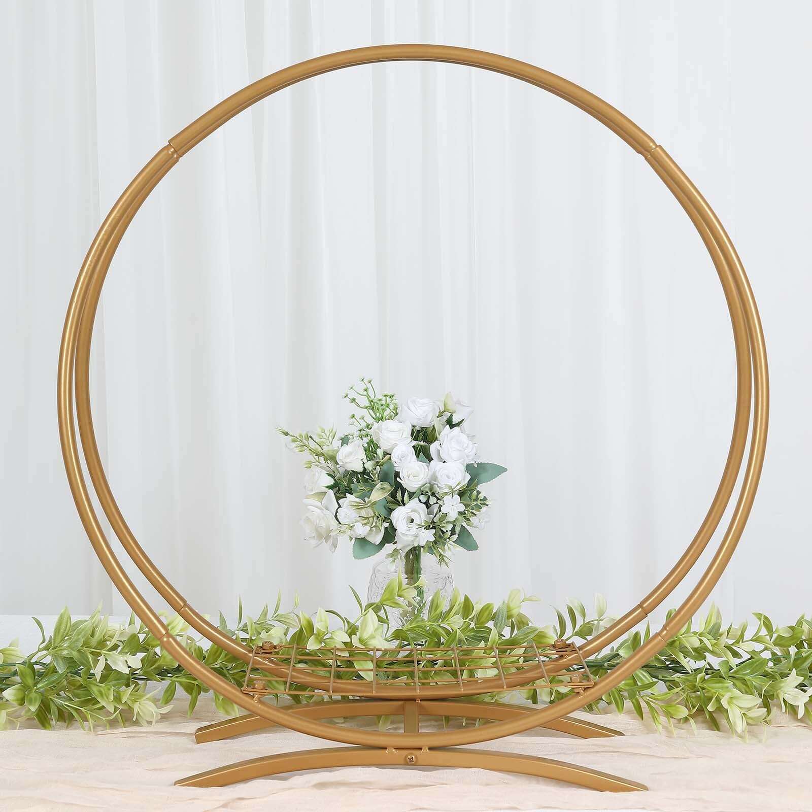 Gold Metal Double Frame Hoop Flower Table Centerpiece, Wedding Cake Display Stand 24