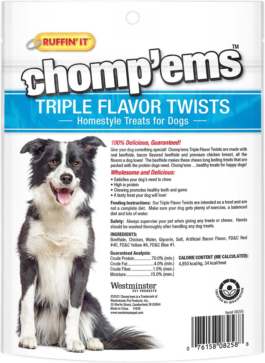 RUFFIN' IT Chomp'Ems Triple Flavor Twists Dog Treats， 22 count