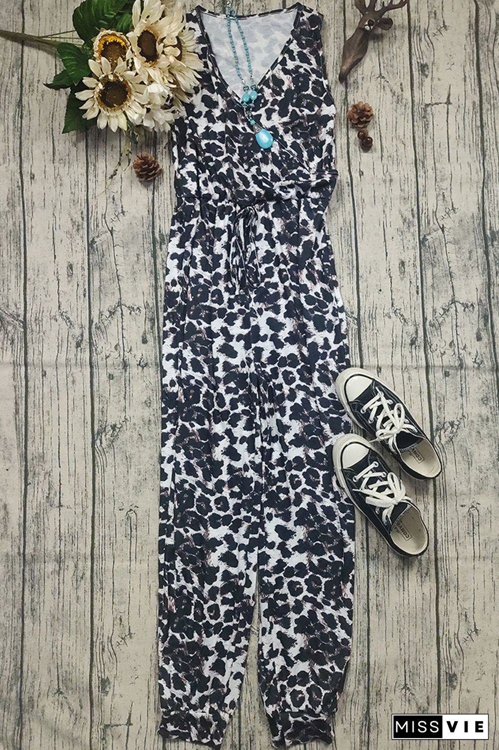 Leopard Floral Print Drawstring V-neck Sleeveless Jumpsuit