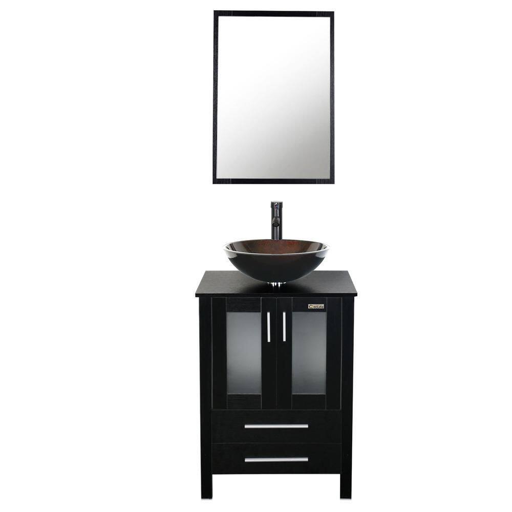 eclife 24 in. W x 20 in. D x 32 in. H Single Sink Bath Vanity in Black with Brown Vessel Sink Top ORB Faucet and Mirror BV102BK+VS009BR