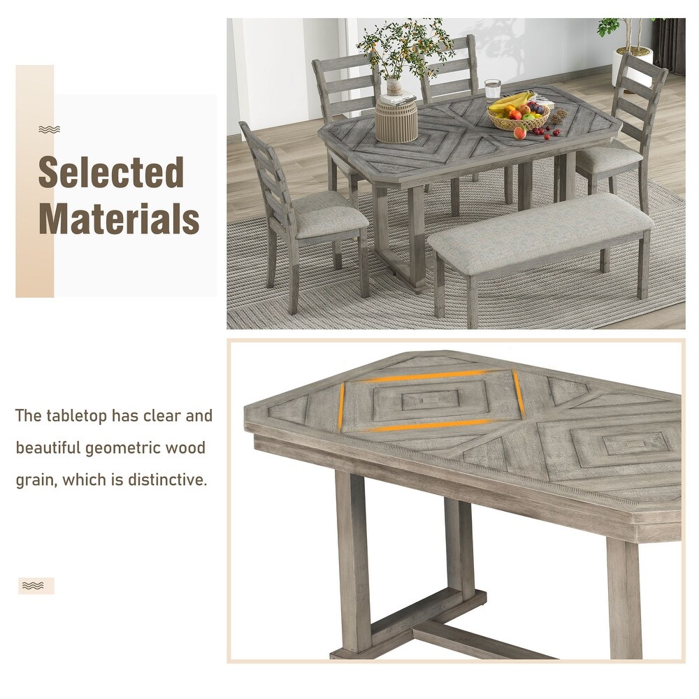 6 Piece Rubber Wood Dining Table Set with Beautiful Wood Grain Pattern Tabletop Solid Wood Veneer and Soft Cushion