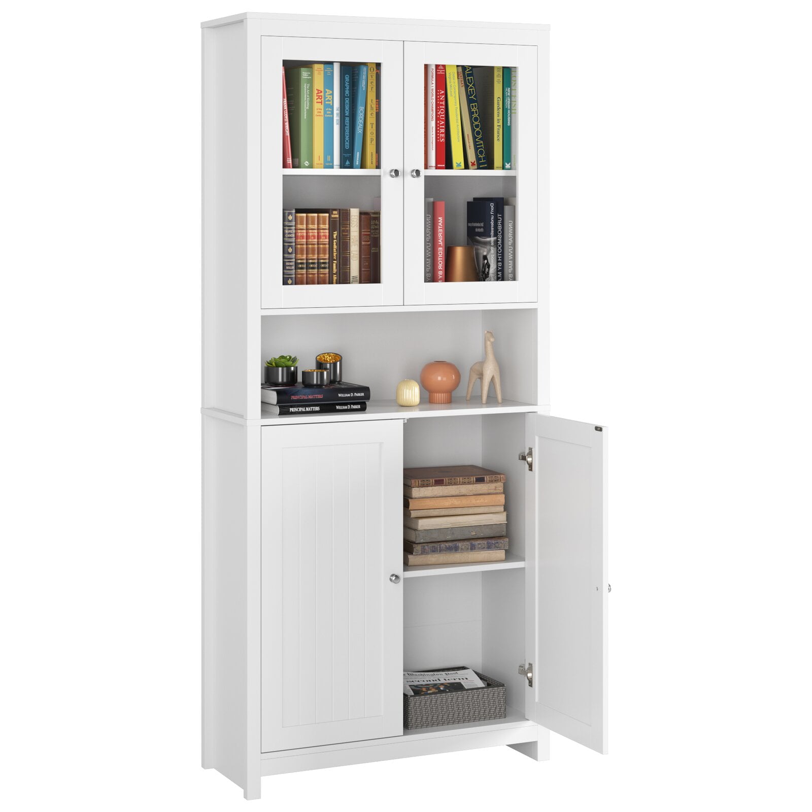 Homfa Standard Bookcase with Doors, Kitchen Hutch Cabinet, 74.6 H 5 Tiers Tall Bookshelf with Glass Doors, White