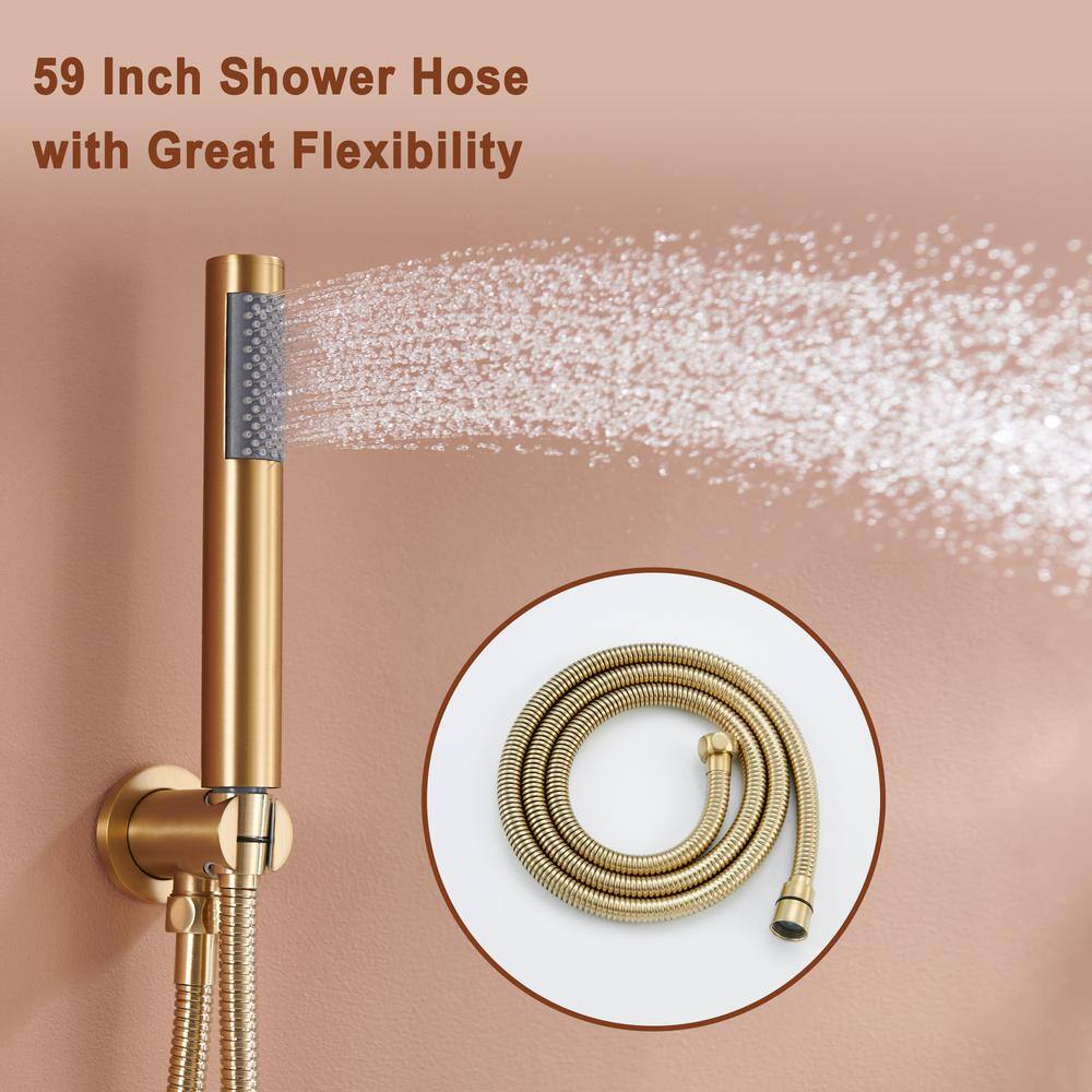 Mondawe Pressure Balanced 3-Spray Patterns 12 in. Ceiling Mounted Rainfall Dual Shower Heads with Handheld in Brushed Gold WF6853-12BG