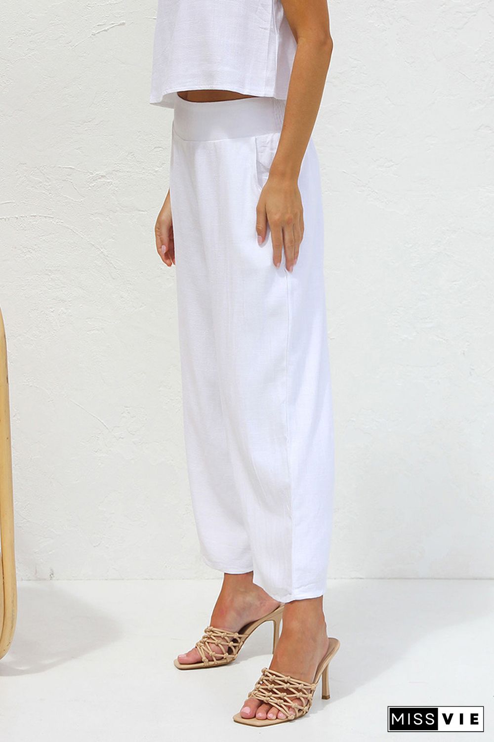 Plain Lien Tank Top With Wide Leg Pants 2pcs Set