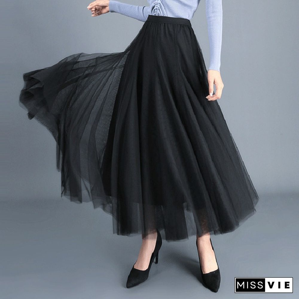 Tulle Skirts Womens Midi Pleated Skirt Black Pink Tulle Skirt Women Spring Summer Korean Elastic High Waist Mesh Tutu Skirt