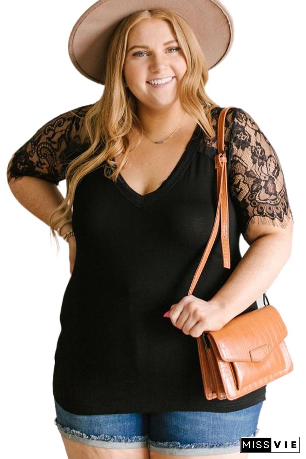 Black Lace Short Sleeve V Neck Plus Size Tee