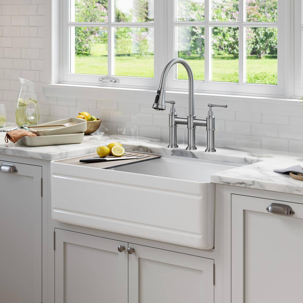 KRAUS Turino Gloss White Fireclay 33 in. Single Bowl Farmhouse Apron Workstation Kitchen Sink with Accessories KFR4-33GWH