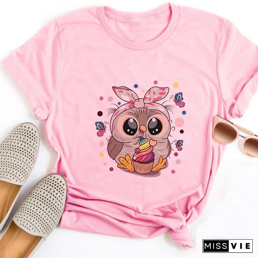 Gothic Women Cute Owl Printed T-Shirt All Seasons Fashion Thin Short Sleeve Tees Harajuku Casual Pink Top Female Clothing Tshirt