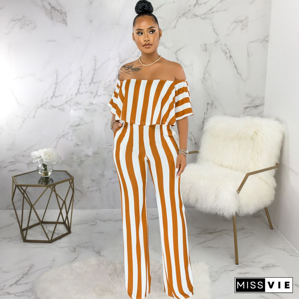 Striped Off Shoulder Wide Leg Jumpsuits