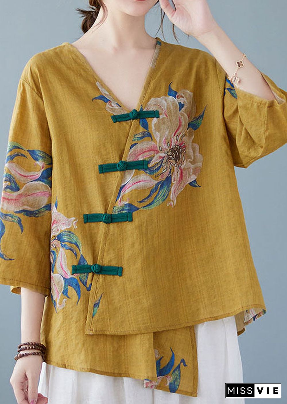 Yellow Button Shirt Tops Asymmetrical Half Sleeve