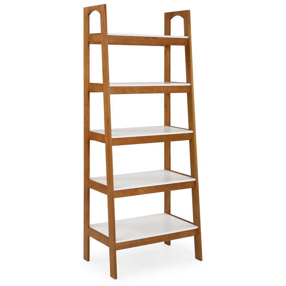 Camaflexi Mid Century Modern 74 in. White  Castanho Wood 5-Shelf Open Bookcase with Solid Wood Frame MD23312