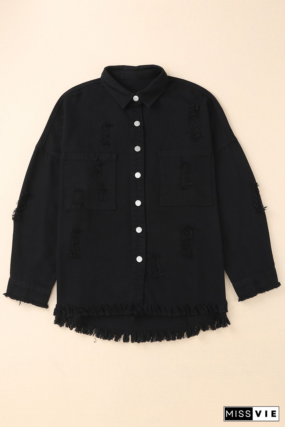 Black Distressed Fringe Trim Denim Jacket