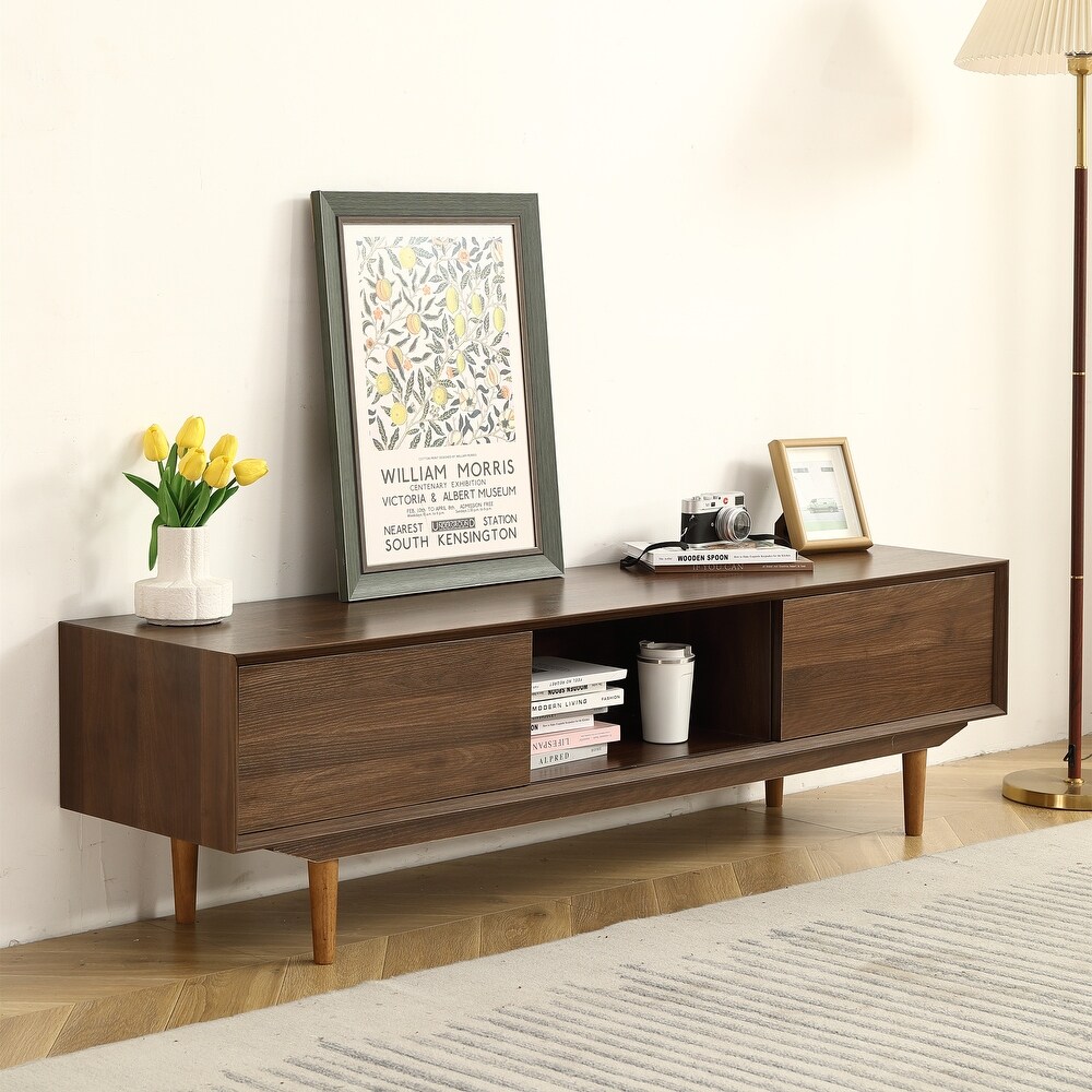 Stylish 45° Pointed Walnut Finish Media TV Stands with Spacious Storage Compartments and Shelves for Living Room