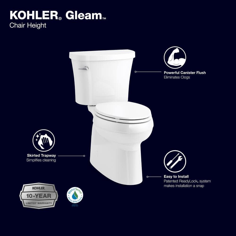 KOHLER Gleam 2Piece Chair Height Elongated Skirted 128 GPF Single Flush Toilet in White with Slow Close Seat